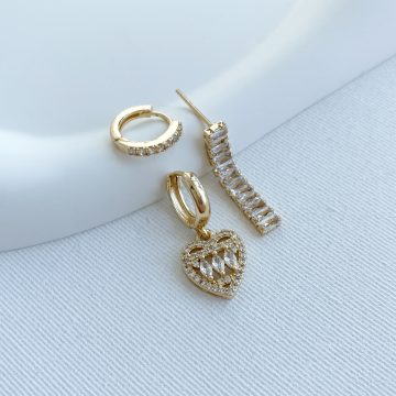Üçlü Gold Sallanan Kalpli Küpe