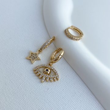 Gold Üçlü Yıldız & Göz Sallanan Küpe - Görsel 3